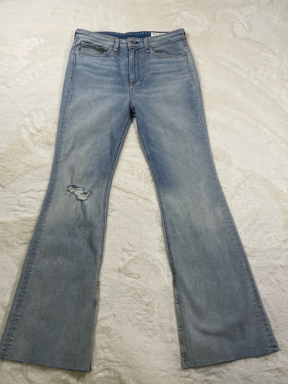rag & bone Light Blue Flare Jeans with Distressed Knee